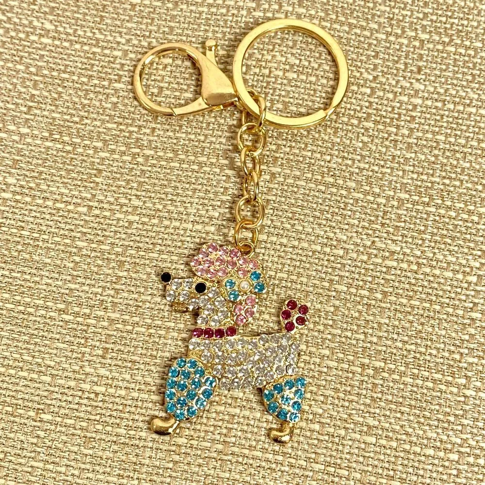 Poodle Rhinestone Keychain Bag Charm Blue Pink Multicolor Gold Tone Metal New